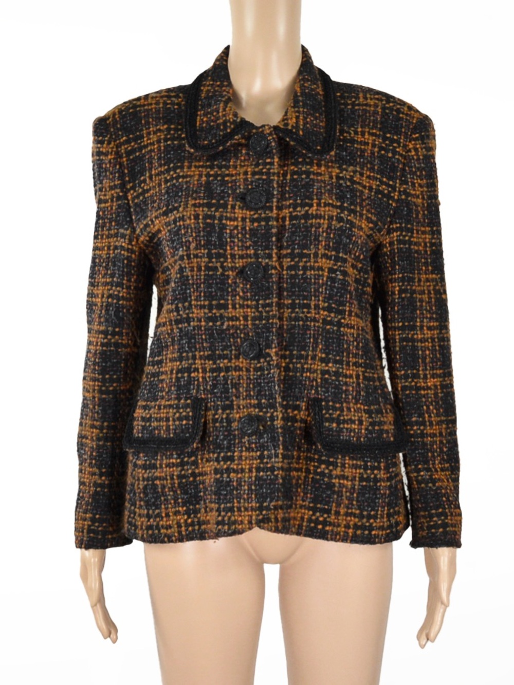 Vintage Wool Earth Tone Bouclé Tweed w Black Velvet Trim Detail Blazer Jacket